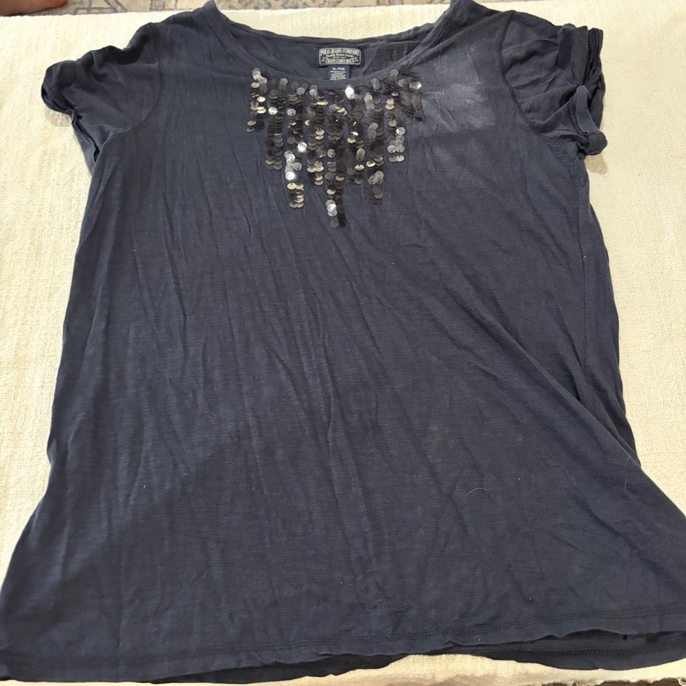 Polo Jeans Co Ralph Lauren Women XL Navy Blue Sequin Bib Short Sleeve Cotton Top